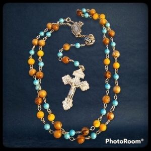 HANDMADE Olive Wood Yellow Shell Aqua Glass 59 Bead Rosary